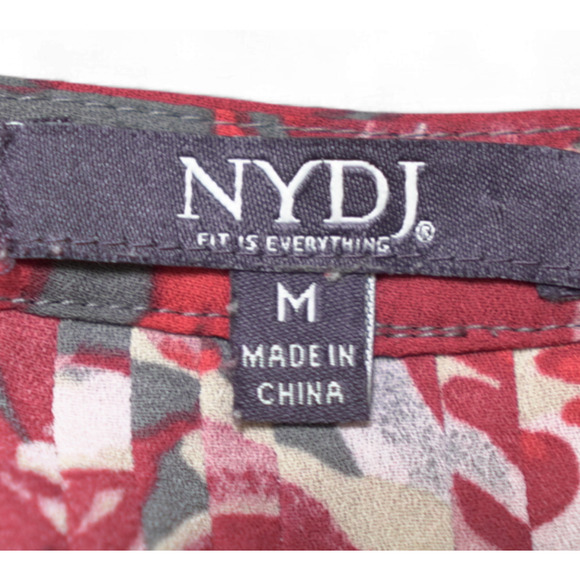 NYDJ Red Rose Pleated V-Neck Button-Down Blouse Sz M | 3/4 Sleeve, Romantic Chic - Picture 4 of 15